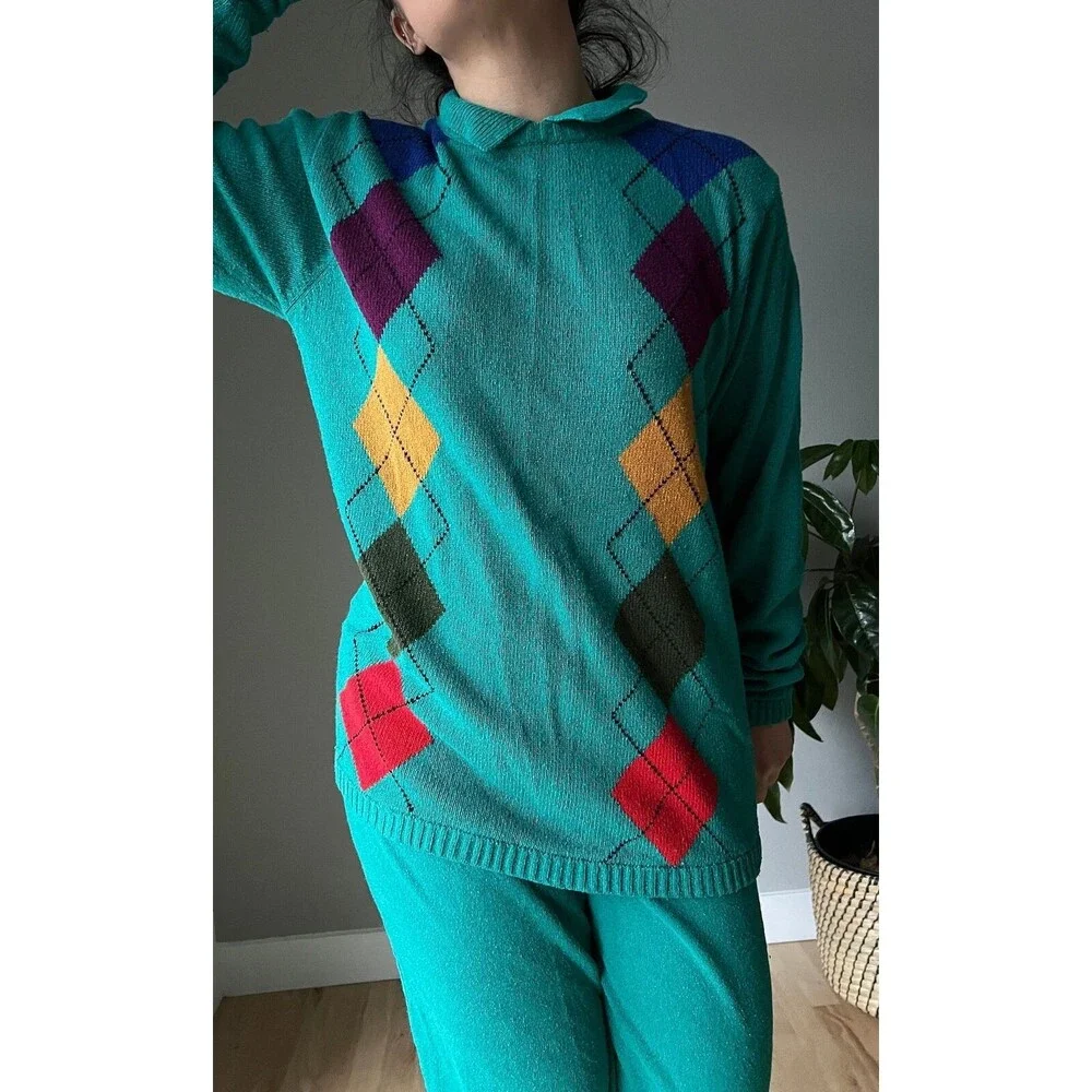vtg 90s silk wool green knit sweater set‎ argyle print retro loungewear small